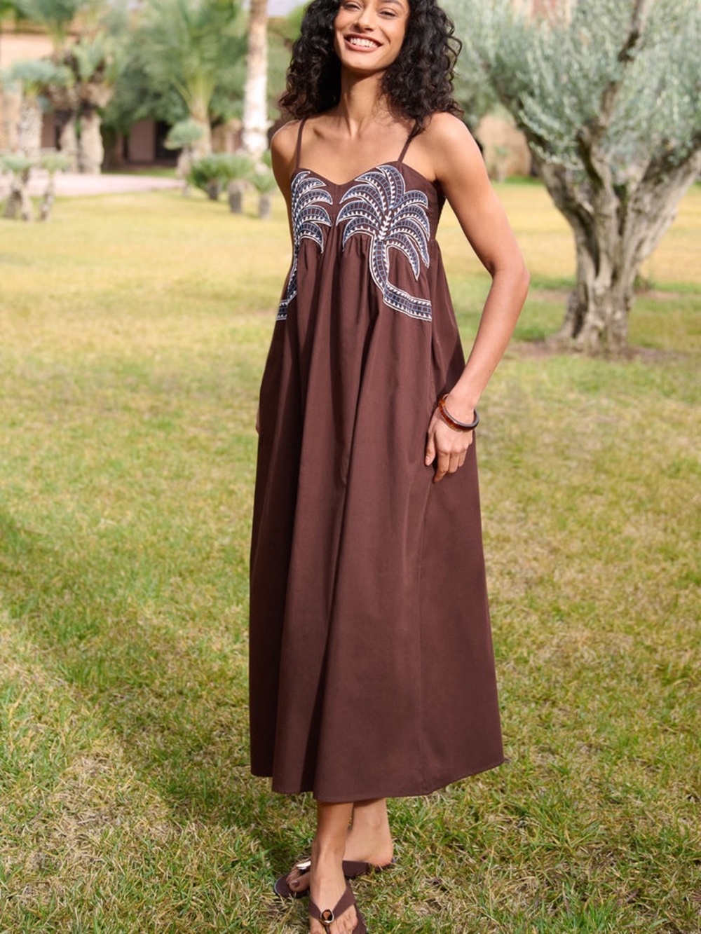Brown Embroidered Palm-Detail Sundress midi/ankle length 100% Cotton